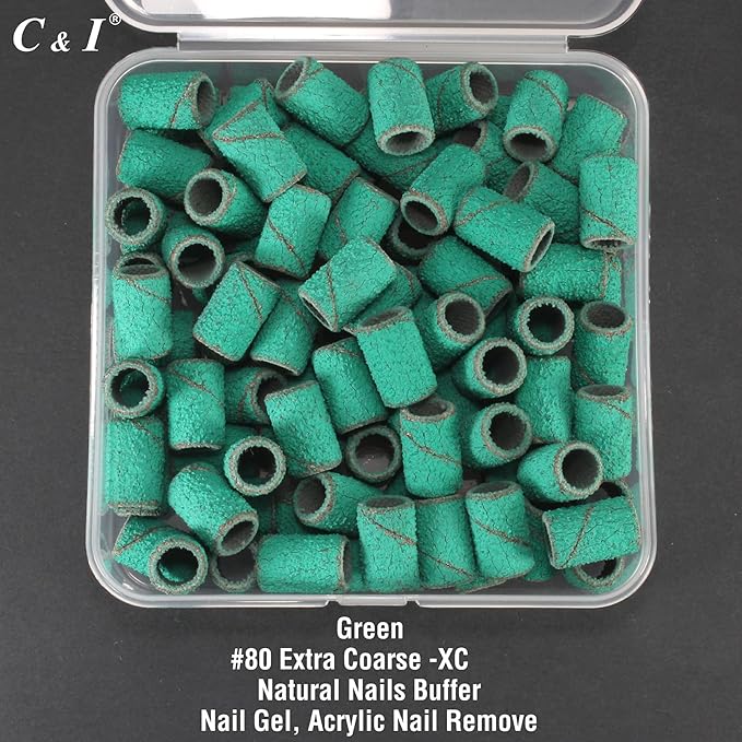 C & I Nail Sanding Bands 100 PCS Plus Upgrade Mandrel 1 PC, Nail Drill Bits for Acrylic Gel Nails Remove, Natural Nails Buffer for Nail Prep and Nail Shiner (Green, #80 Extra Coarse)