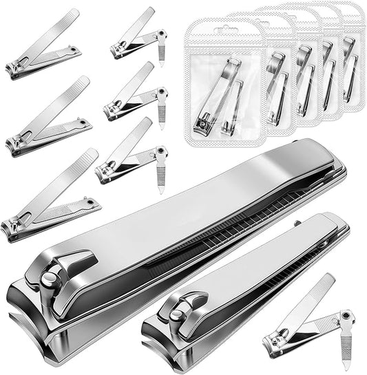 Large Finger Nail Clippers for Adult,10-Piece Nail Clippers Bulk for Men Women, Stainless Steel Long Handled Toenail Clippers 3.15 Inch Fingernail Clipper Set with Nail Cleaner/File