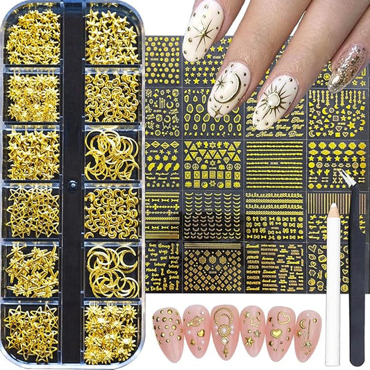 30 Sheets Gold Nail Art Sticker 3D Self-Adhesive Gold Star Moon Heart Line Nail Decals with 3D Nail Art Metal Charms Gold Metal Nail Art Design Nail Supplies for Women Manicure Kit Nail Art Decoration