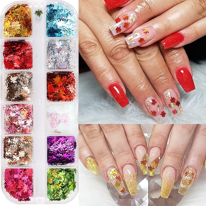12 Colors Fall Nail Art Stickers Maple Leaf Nail Glitter Sequins 3D Nail Art Accessories Autumn Leaf Shape Flakes Holographic Gold Red Maple Leaves Paillettes Designs Acrylic Nails Supply Kit