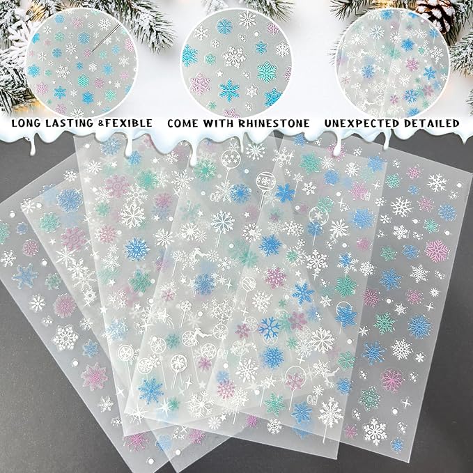 XZENTIRA 8 Sheets Snowflake Nail Stickers DIY Christmas Winter Decals 3D Self Adhesive Colorful Snowflakes Stars for Women Christmas Winter New Year Nail Designs