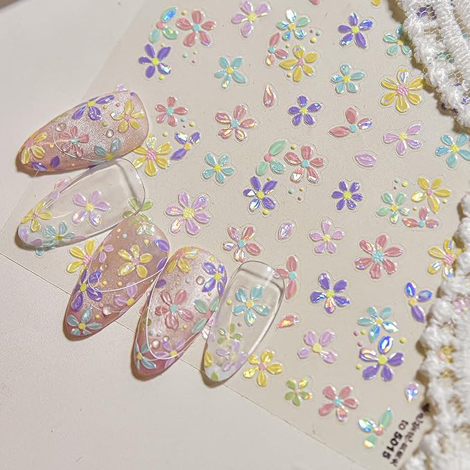 1 Sheet Colorful Flower Nail Stickers, 5D Embossed Self-Adhesive Nail Decals, Summer Glossy Floral Nail Design Stickers for Women DIY Spring Floral Manicure Decoration Supplies