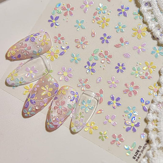 1 Sheet Colorful Flower Nail Stickers, 5D Embossed Self-Adhesive Nail Decals, Summer Glossy Floral Nail Design Stickers for Women DIY Spring Floral Manicure Decoration Supplies