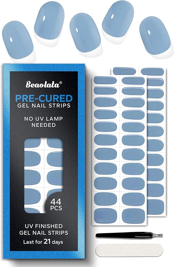 Pre Cured Gel Nail Strips - 44PCS Salon Quality Gel Nail Stickers - Long Lasting Polish Wraps for Women no UV Light Needed Easy Apply& Remove (Moss Blue)