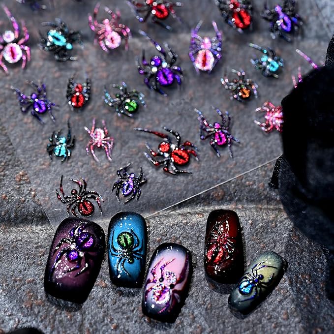 5D Embossed Spider Nail Stickers for Nail Art Halloween Nail Art Stickers Glitter Colorful Spider Nails Decals Holiday Nails Supplies for Women Halloween Acrylic Manicure Decoration Accessories 1Pcs