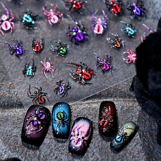 5D Embossed Spider Nail Stickers for Nail Art Halloween Nail Art Stickers Glitter Colorful Spider Nails Decals Holiday Nails Supplies for Women Halloween Acrylic Manicure Decoration Accessories 1Pcs
