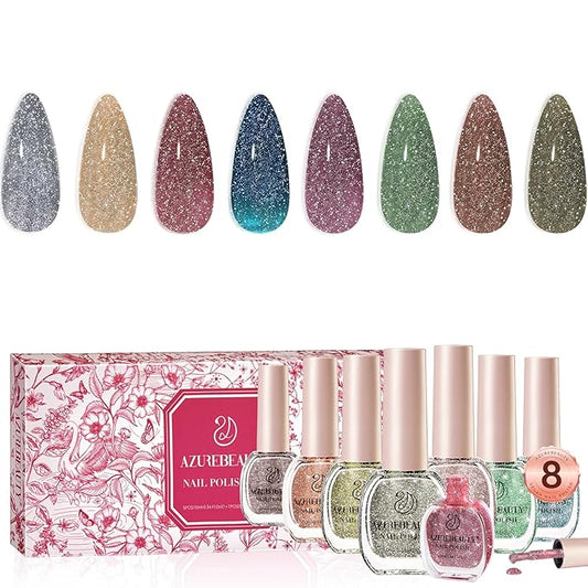 AZUREBEAUTY Reflective Nail Polish Set, 8 Colors Glitter Sparkly Shiny Green Silver Pink Quick Dry Natural Nail Lacquer Strengthening Treatment DIY Manicure Nail Salon
