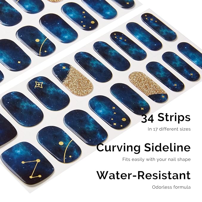 NAILOG Semi Cured Gel Nail Strips 34 pcs| Buy 2 Get 1 UV Lamp | Long Lasting Nail Polish Sticker Wraps with Glossy Gel Finish, Zodiac