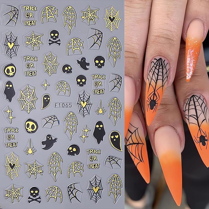 4Pcs Halloween Nail Stickers Gold Spider Nail Decals Self Adhesive Black Cobweb Spider Web Ghost Nail Design Halloween Nail Decoration Supplies Holiday Manicure Accessories for Women