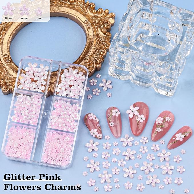 4 Boxes 3D Flower Nail Charms and Gems - Pink Nail Flower Charms Crystal AB Clear Gemstones Silver/Gold Caviar Beads White/AB Pearls for Women DIY Manicure Crafts (18-S4-Pink)