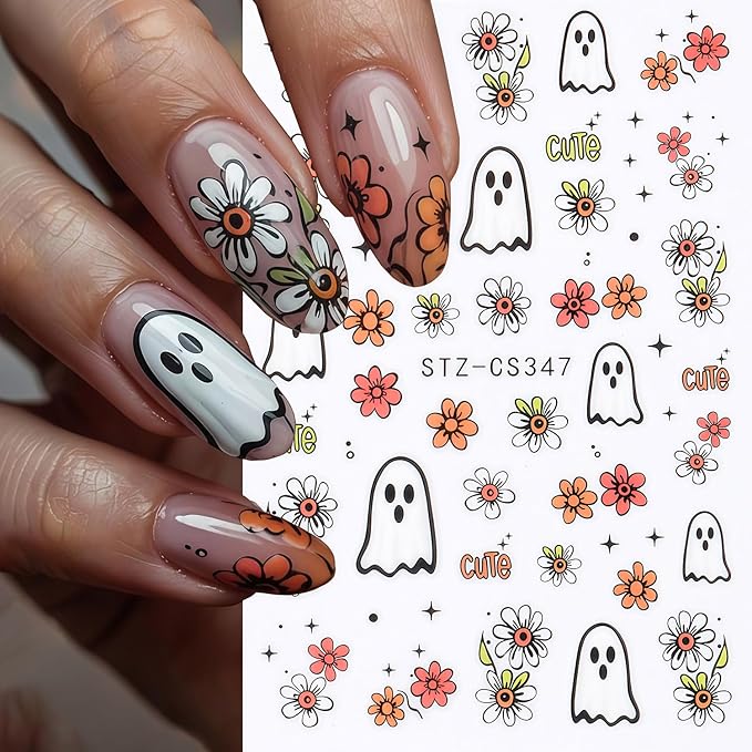6 Sheets Ghost Nail Stickers for Nail Art, Halloween Nail Decals 3D Self-Adhesive Flower and Spooky Ghost Fall Stickers Design French Tip Nails Sticker Halloween DIY Manicure Decoration for Women