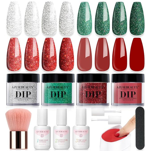 AZUREBEAUTY Christmas Dip Powder Nail Kit Green Red Glitter Silver 12 Pcs Acrylic Dip Powder Liquid Set with Base/Top Coat Activator for French Nail Art Manicure Home Holiday Gifts Set