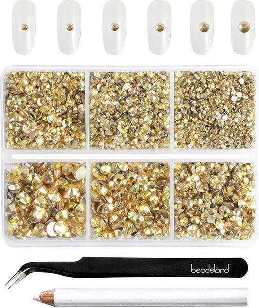 Beadsland 4300pcs Flatback Rhinestones,Gold Rhinestone Nail Gems Round Crystal Rhinestones for Crafts,Mixed 6 Sizes with Picking Tweezers and Wax Pencil Kit, SS6-SS20,Metal Sunlight