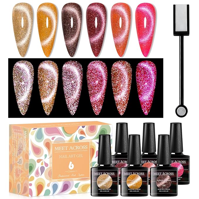 MEET ACROSS Amber Crystal Cat Eye Gel Nail Polish Reflective Glitter Magnetic Magnetic Cat Eye Gel Nail Polish Set Sparkly Red Coral Orange Brown Gift for Winter Christmas