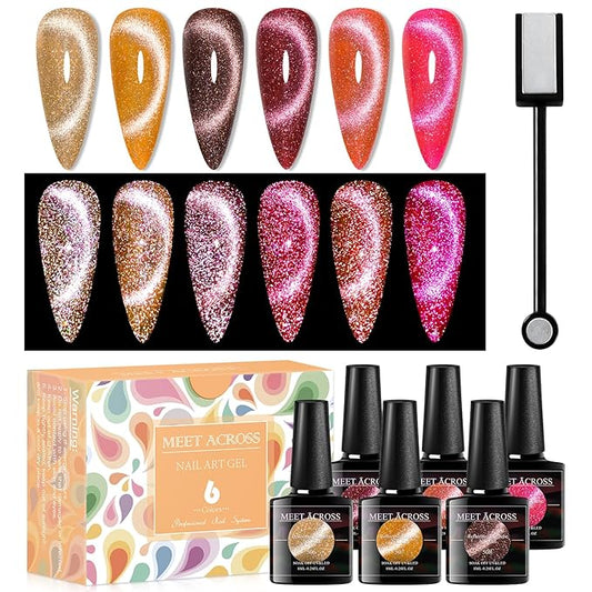 MEET ACROSS Amber Crystal Cat Eye Gel Nail Polish Reflective Glitter Magnetic Magnetic Cat Eye Gel Nail Polish Set Sparkly Red Coral Orange Brown Gift for Winter Christmas