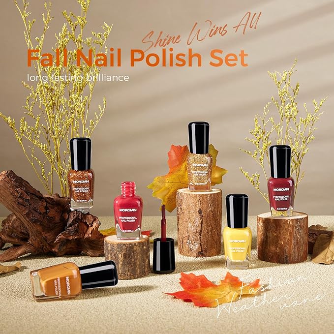 Morovan Fall Nail Polish Set: 6 Gold Maple Leaf Nail Polish Kit 2025 Glitter Autumn Fingernail Pumpkin Yellow Burnt Orange Art Quick Dry Nail Regular Mini Bulk Manicurist Women Girls Gift