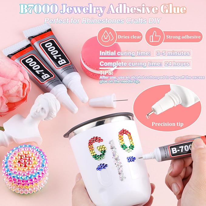 24000Pcs Resin Rhinestones with 1Pcs B7000 Jewelry Glue for Crafting, Multicolors 3mm Non Hotfix Flatback Gems, Bedazzling Crystal for DIY Crafts Clothing Tumblers Mugs Shoes Fabric Decor Nail Art