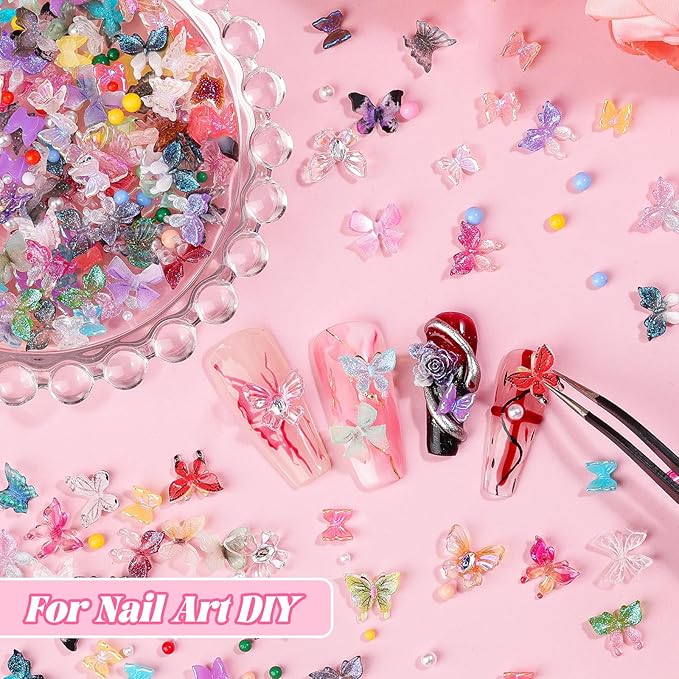 300Pcs Assorted Butterfly Nail Charms Kit, 100Pcs 3D Nail Butterfly Charms and 100Pcs Pearls with 100Pcs Macaron Beads, Colorful Butterflies Tiny Gems Round Beads for Women Manicure Craft DIY