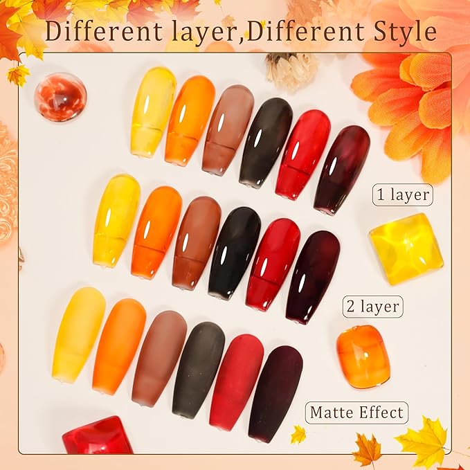 FZANEST Fall Gel Nail Polish Colors Set,Jelly Brown Gel Polish Nail Crystal Transparent Yellow Orange Blood Red Dark Wine Gel Polish Kit Manicure DIY Nail Art Home Salon for Women