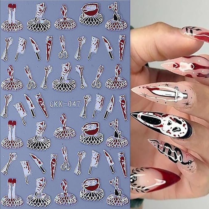 6 Sheets Halloween Nail Art Stickers 3D Self -Adhesive Bloods Hand Skeleton Nail Decals Holographic Blood Knives Nail Stickers Halloween Nail Decoration for Women Manicure Supplies