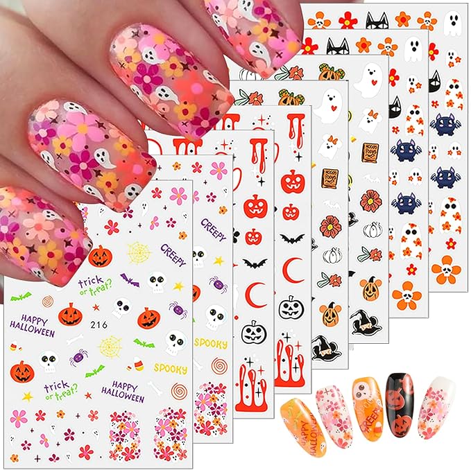8 Sheets Halloween Nail Art Stickers - Cute Ghost Pumpkin 3D Self Adhesive Decals - Glitter Flower Spooky Design Gothic Bat for Women DIY Manicure Supplies