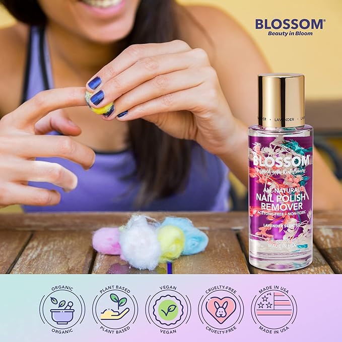 Blossom Non Toxic Nail Polish Remover Non Acetone, All Natural Scented, Vegan, Acetone Free Nail Polish Remover, Organic Plant-Based, Infused with Real Flowers, Made in USA, 2oz, Lavender