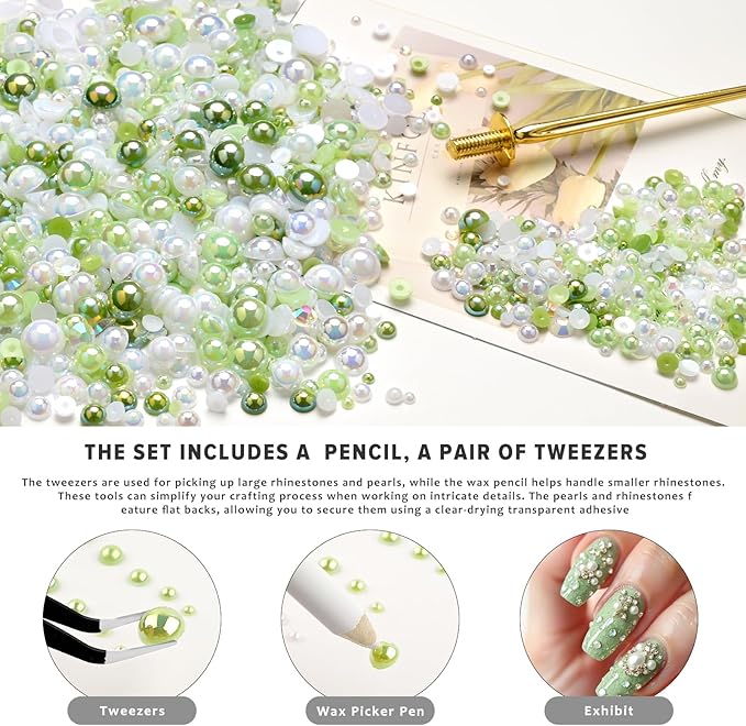 80g Mix Flatback Pearls and Rhinestones for Crafts Emerald Green Mixed Size 2mm-10mm Half Round Pearls Rhinestones for Nail Art Tumblers Shoes DIY Bedazzling with Tweezers Wax Pen