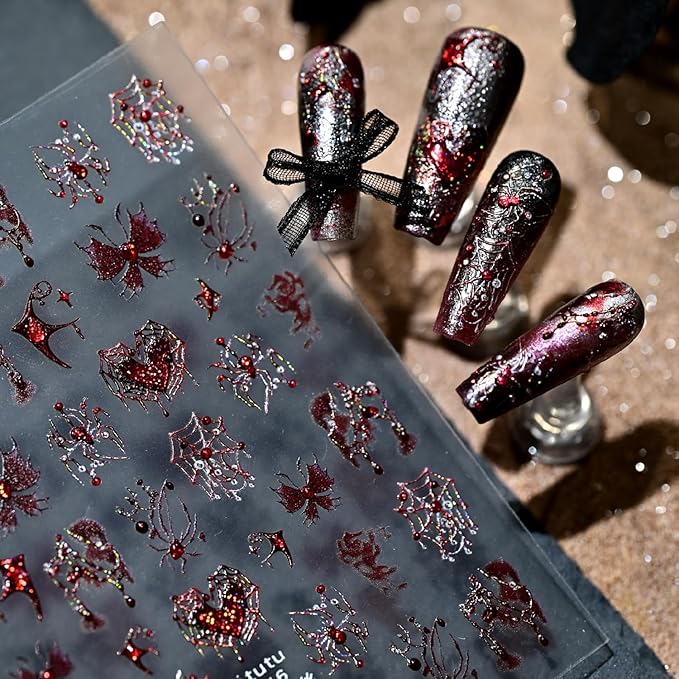 1 Sheets Halloween Nail Stickers for Nail Art 5D Self-Adhesive Embossed Spider Web Nail Art Stickers with Glitter Red Spider Butterfly Heart Bat Nail Decals Halloween Nail Design Sticker for Women