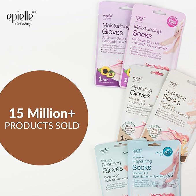Epielle Hydrating & Moisturizing Hand & Foot Masks 12 Pairs, Relieve and Soften Dry Hands & Cracked Heels with Shea Butter & Sunflower Seed Oil, Korean Skin Care, Spa Set, Self Care Gifts for Women