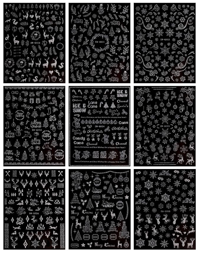 JMEOWIO 9 Sheets Christmas Glitter Nail Art Stickers Decals Self-Adhesive Snowflake Winter Holiday Silver Nail Supplies Nail Art Design Decoration Accessories