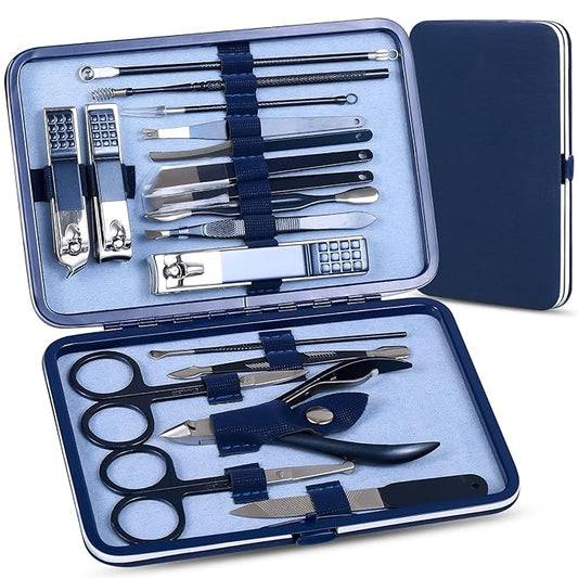 Manicure Set Pedicure Kit Nail Clippers Set Fingernail Clipper Set Ingrown Toenail Nail Kit Scissor Nail Trimmer Kit 18 Pieces Women and Men’s Care Grooming Tools with Fine Case (Dark Blue_18 Pieces)