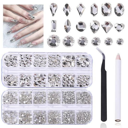 3120 White Diamond Nail Rhinestones, HOINCO Crystal Nail Rhinestones, 3D Mixed Size Crystal AB Flat Bottom Gemstone for Nail Art DIY Craft Decoration with Crayon Tweezers