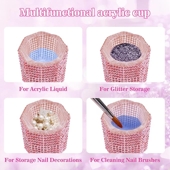 Glass Dappen Dish for Acrylic Nails, Crystal Glitter Acrylic Liquid Powder Glass Cup Nail Liquid Glassware Bowl, Octagon (YSHJB020-2pcs-Pink)