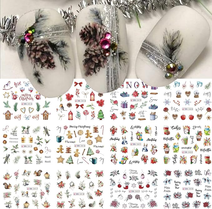 Christmas Water Decals for Nails 48 Designs Holiday Nail Stickers Snowmen Reindeer Water Transfer Nail Decals Christmas Santa Claus Snowflake Penguin Cute Cartoon Manicure Decoration for Women Girls