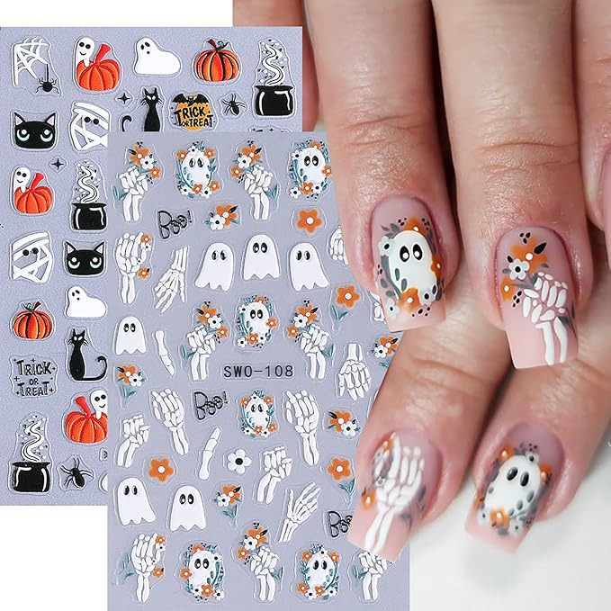 5 Pcs Halloween Nail Stickers,Spider Webs Cute Ghost 3D Self-Adhesive Nail Decals Cat Skull and Pumpkin Designs Nail Decorations Halloween DIY Manicure Supplies for Women Girls