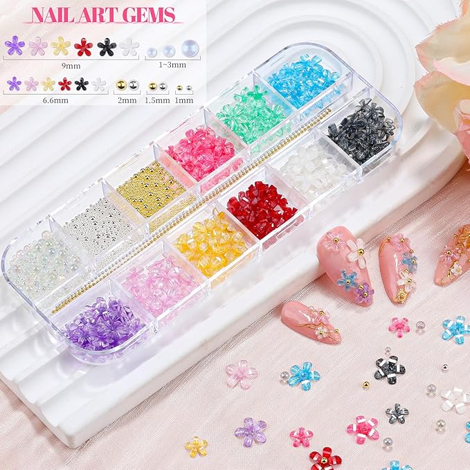 2 Boxes Colorful Flower Nail Charms and Gems, Iridescent Nail Flower Charms Crystal AB Clear Gemstones Silver/Gold Caviar Beads Glass Bubble Beads with Nail Chain for DIY Manicure Crafts (8-S2-Mixed5)