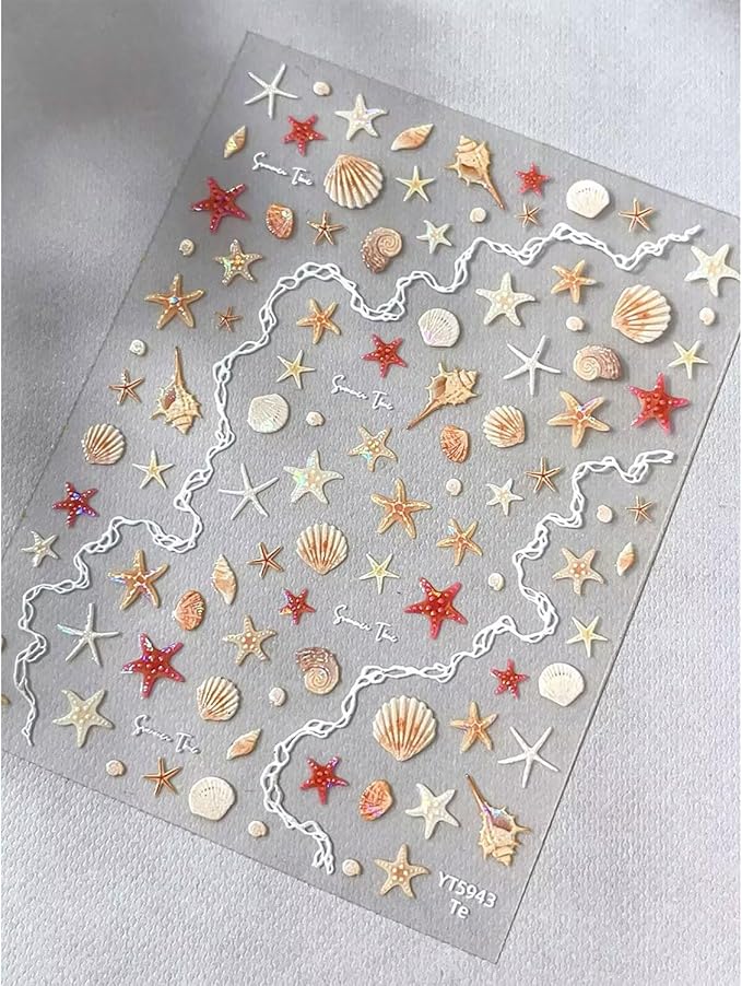 2 Sheets Summer Nail Art Stickers Ocean Theme Nail Decals Self-Adhesive Fish Shell Starfish Nail Design Stickers 5D Embossed Nail Supplies for Women Nail Art Decorations