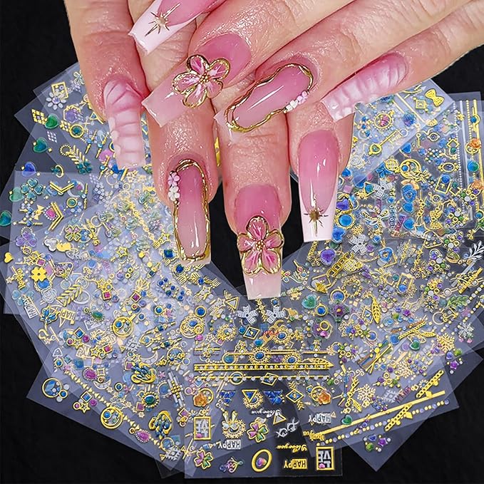 30 Sheets Gold Nail Art Stickers Blue Diamond Nail Design Stickers Heart Self Adhesive Acrylic Nail Supplies 3D Cute Floral Nail Decorations for Women Girls