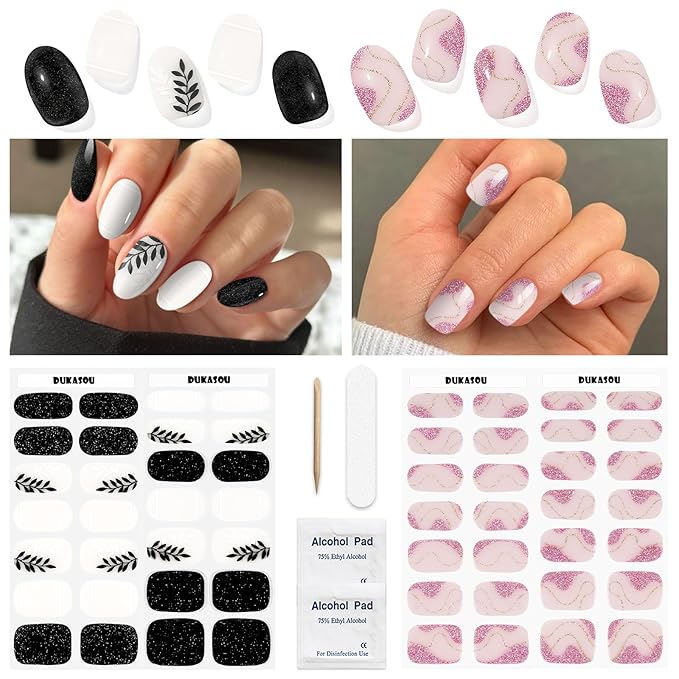 Semi Cured Gel Nail Strips 2 Set, (Black Leaves,Gilded Pink) 56 Pcs Gel Nail Wraps Stickers for Women DIY Gift, Works with Any UV Lamps,Long Lasting,Salon-Quality, Easy to Apply