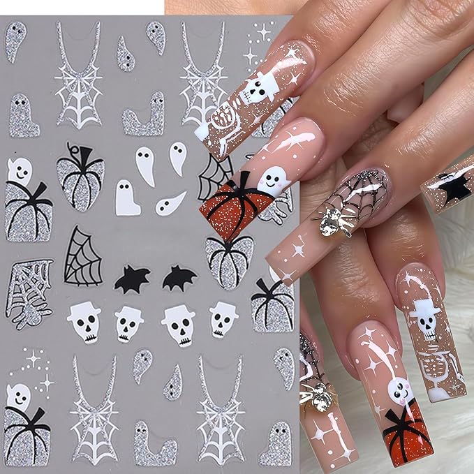 6 Sheets Halloween Nail Art Stickers Gold Glitter Pumpkin Nail Decals 3D Self Adhesive Ghost Spider Web Skull Bats Nail Design Nail Stickers Manicure Accessories for Women DIY Manicure Decoration