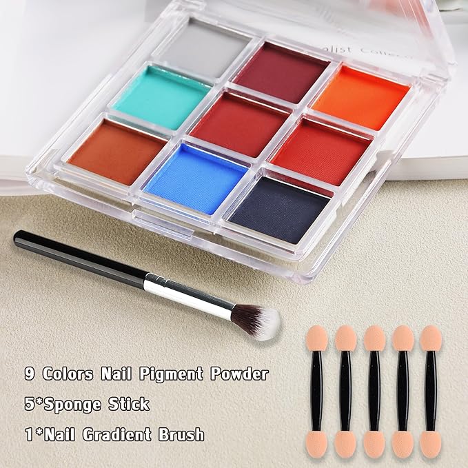 Nail Powder Pigment Palette - 9 Colors Ombre Gradient Nails - Ultra Fine Powder - Includes 5 Sponge Sticks, 1 Brush