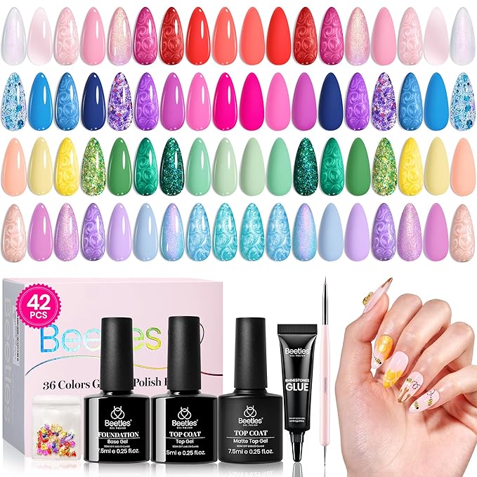 Beetles 36 Colors Gel Nail Polish Set, 42pcs UV Gel Nail Polish Colors Blue Pink Purple Orange Polish Shimmer Glitter Woodland Fairy Collection with Nail Art Rhinestone Gifts for Women Girls