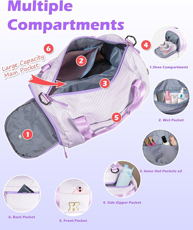 6 Year Old Girl Birthday Gifts, Girls Travel Duffle Bag, Kids Initial Overnight Duffel Bags with Shoe Compartment, Personalized Dance Bag with Cosmetic Pouch, Christmas Gift (Letter D)
