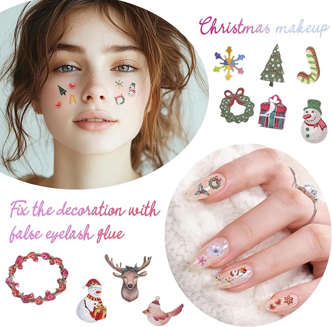 600Pcs 2 Boxes Christmas Nail Art Sequins Sticker, 3D Santa Claus Snowflake Elk Decals for Acrylic Nails, Christmas Tree Wood Pulp Glitter Flakes for Winter Nail Art Decorations 5