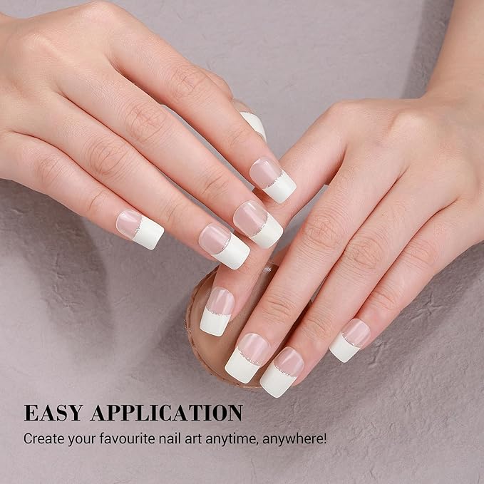 MelodySusie Semi Cured Gel Nail Strips (White French Tips), 20 PCS Classic Gel Nail Stickers, UV Light Required, Durable & Salon Quality