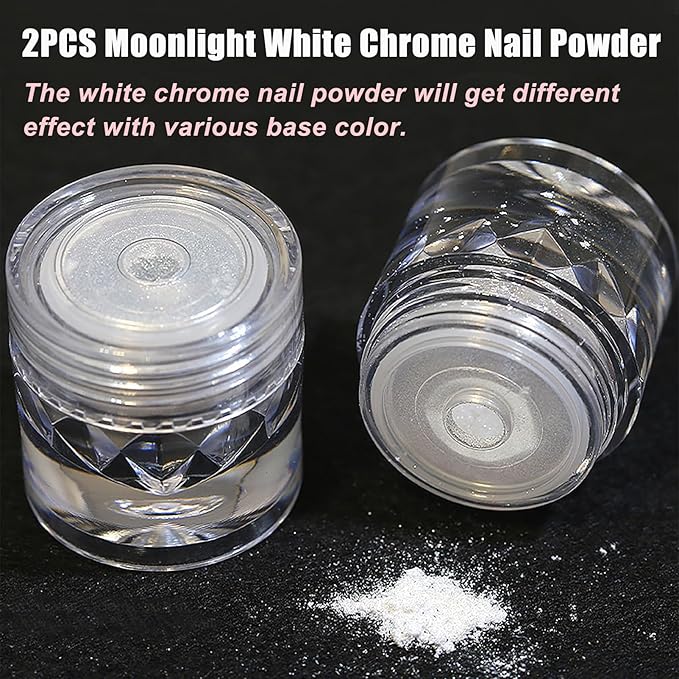 2PCS Moonlight White Chrome Nail Powder, Pearl Nail Powder High Gloss Mirror Effect Pearlescent Iridescent Glitters Powder for Nails Art Design 2 Colors