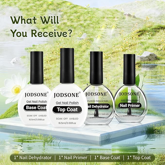 JODSONE 4Pcs Base Coat Top Coat Nail Primer Nail Dehydrator for Long Lasting Manicures Prep Protect and Perfect Your Nails 16.5ml Each Salon Quality Set