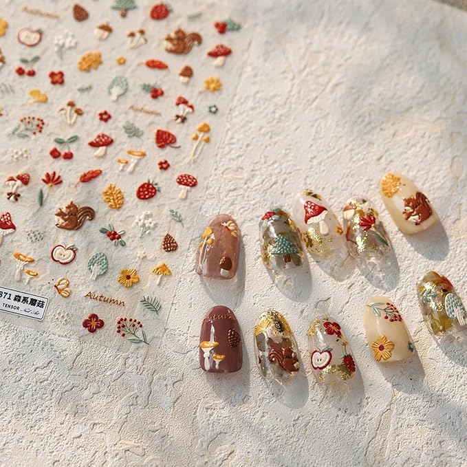 Fall Nail Art Stickers Decals 5D Embossed Autumn Nail Decals Squirrel Maple Leaf Mushroom Fruit Nail Design Stickers Fallen Leaves Nails Art Supplies for Women Thanksgiving Day Manicure Decoration