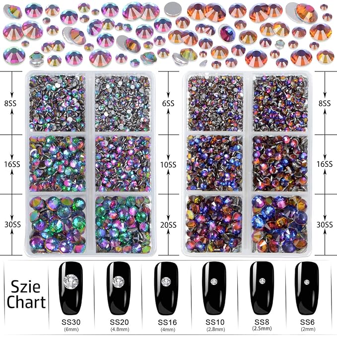 LPBeads 6000 Pieces Blue Volcano and Green Volcano Non Hotfix Rhinestones 6 Sizes Round Crystal Glass Flat Back Rhinestones with Tweezers and Picking Pen for Nail Art Crafts Clothes Bags DIY