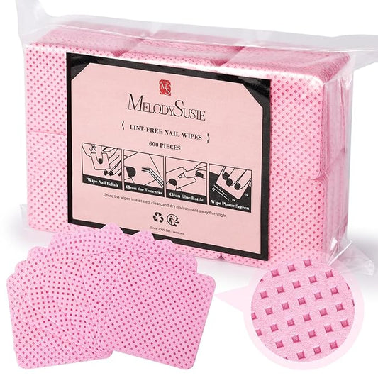 MelodySusie 600Pcs Lint Free Nail Pink Wipes Super Absorbent Soft Non-Woven for Fingernail Polish Remover and Eyelash Extension Wipes for Nail Art